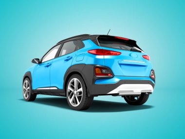 Modern mavi araba crossover arkasında şehir gezileri 3d render gölge ile mavi arka plan üzerinde için