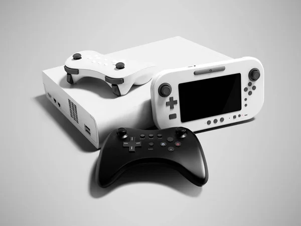 现代游戏控制台白色与两个 Dzhostikami 和便携式游戏控制台3D 渲染灰色背景与阴影 — 图库照片
