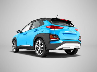 Modern mavi araba crossover arkasında şehir gezileri 3d render gölge ile gri arka plan üzerinde için