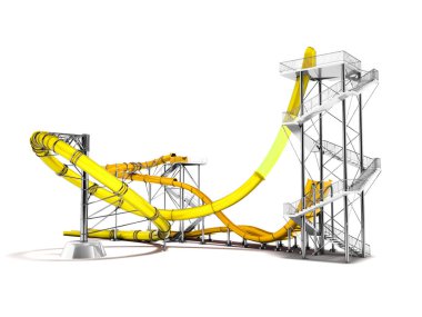 Modern sarı su roller coaster binmek için su parkı için 3d render gölge beyaz zemin üzerine