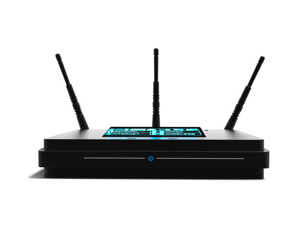Modern black wi fi router on three antennas in front 3d render on white background with shadow