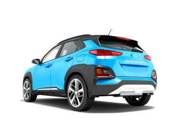 Modern mavi araba crossover arkasında şehir gezileri 3d render gölge beyaz zemin üzerine için