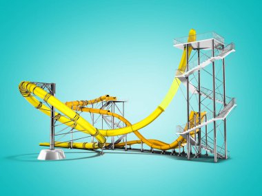 Modern sarı su roller coaster binmek için su parkı için 3d render gölge ile mavi arka plan
