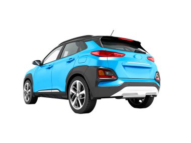 Modern mavi araba crossover arkasında beyaz şehir gezileri 3d render için arka plan gölge yok