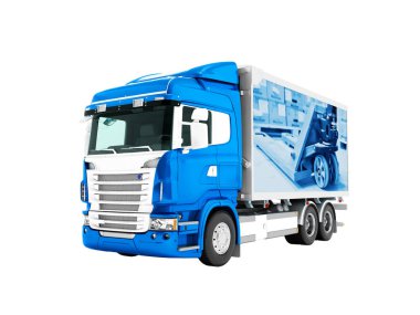 Modern koyu mavi kamyon römork ile beyaz ile insets için taşıma daha büyük yük içinde beyaz arka plan üzerinde bir römork 3d render gölge yok