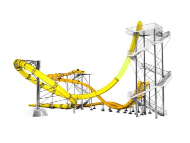 Modern sarı su roller coaster binmek için su parkı 3d rendering için beyaz zemin üzerine gölge yok