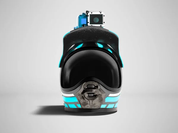 现代蓝色摩托车头盔与蓝色动作相机在前面3D 渲染灰色背景与阴影 — 图库照片