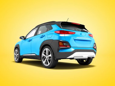 Modern mavi araba crossover arkasında şehir gezileri 3d render gölge turuncu zemin üzerine için