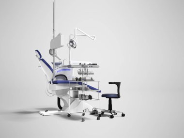 Modern kavramı mavi koltuk ve diş diş tedavi arkasında gölge ile gri arka plan üzerinde 3d render donatımı