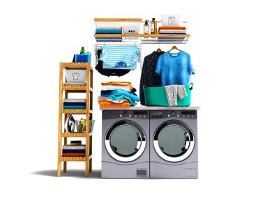 Giyim çamaşır makinesi ve kurutma makinesi ve renkli havlu ve çamaşır sepeti izole 3d render gölge beyaz zemin üzerine kirli giysileri ile yıkama kavramı
