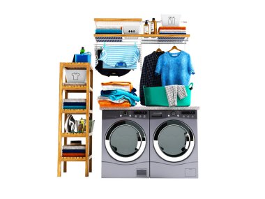 Giyim çamaşır makinesi ve kurutma makinesi ve renkli havlu ve çamaşır sepeti kirli giysileri ile yıkama kavramı, izole 3d beyaz arka plan üzerinde render gölge yok