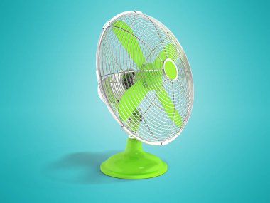 Office önden görünüm 3d render gölge ile mavi arka plan üzerinde soğutma için Modern yeşil metal fan