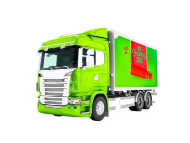 Modern yeşil kamyon römork ile beyaz ile insets için taşıma kargo içinde beyaz zemin üzerine yaz 3d render gölge yok