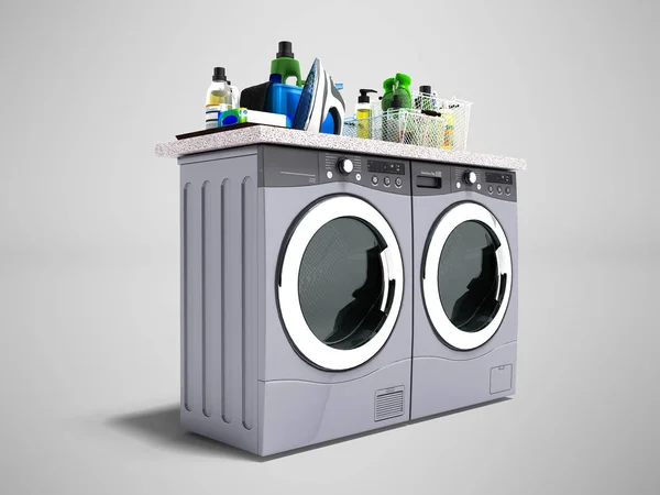 Concept of washing machine and dryer with detergent isolated 3d rendering on gray background with shadow