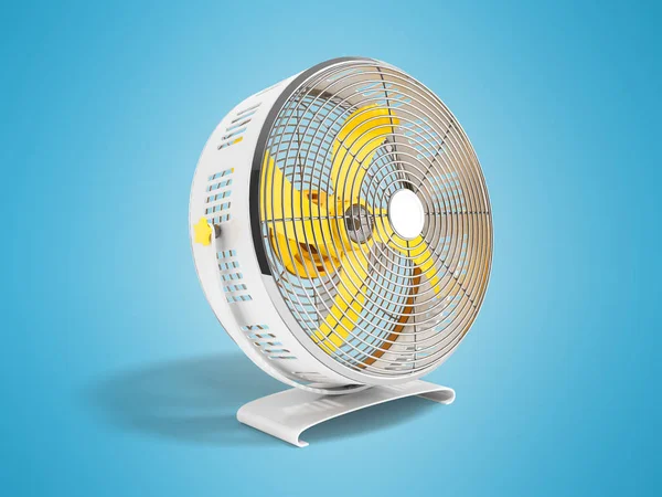 Modern yellow metal fan for cooling 3D rendering on blue background with shadow