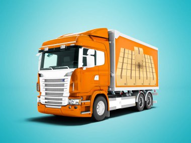 Modern turuncu kamyon kargo 3d render gölge ile mavi arka plan üzerinde taşımak için beyaz ekler ile turuncu bir karavan ile