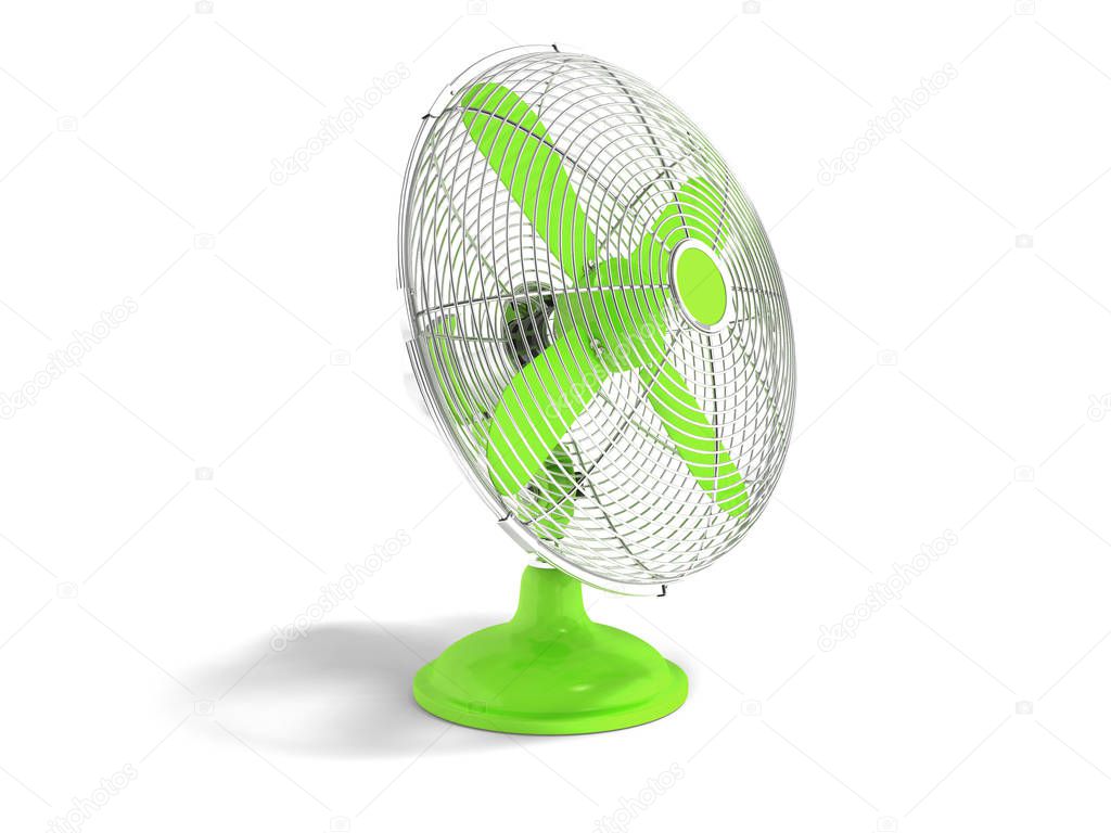 Modern green metal fan for cooling office front view 3d rendering on white background with shadow
