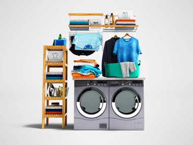 Giyim çamaşır makinesi ve kurutma makinesi ve renkli havlu ve çamaşır sepeti izole 3d render gölge ile gri arka plan üzerinde kirli giysileri ile yıkama kavramı