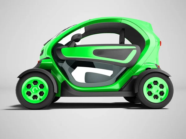 Modern green electric car for city trips to two places 3d render on gray background with shadow
