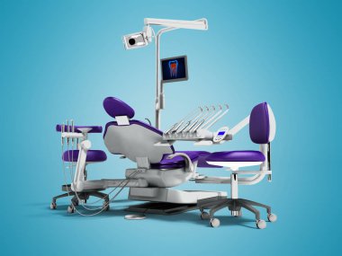 Modern mor diş sandalye ve boraks arka ışık ve gölge ile mavi arka plan üzerinde 3d render için çalışmaya monitör ile