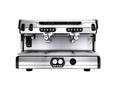 Modern metal Profesyonel kahve makinesi üstünde iki bardak açık görüş 3d render beyaz arka plan gölge yok