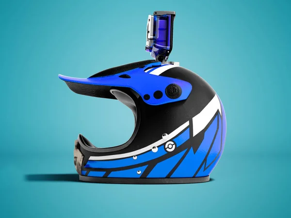 Modern Dark Blue Motorcycle Helmet Blue Action Camera Left Render — Stock Photo, Image