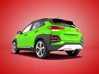 Modern yeşil araba crossover için şehir turları 3d render gölge kırmızı zemin üzerine