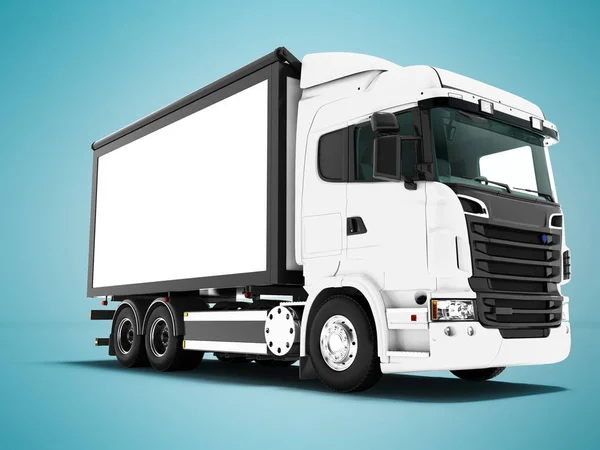 Modern white truck with black elements for carrying furniture 3d rendering on blue background with shadow