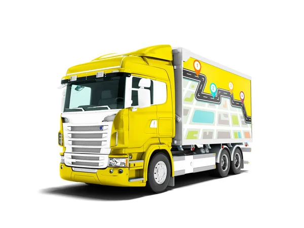 Modern Yellow Truck Trailer White Cargo Inserts Render White Background — Stock Photo, Image