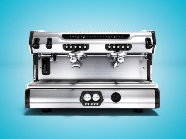 İki bardak önden görünüm 3d render gölge ile mavi arka plan üzerinde üzerinde modern metal Profesyonel kahve makinesi