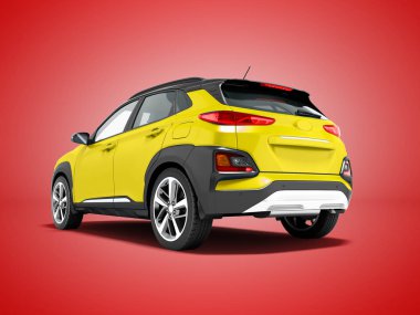 Modern sarı araba crossover için şehir turları 3d render gölge kırmızı zemin üzerine