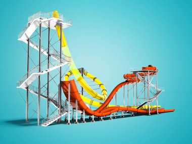 Sarı büyük su kaydırağı ve gölge ile mavi arka plan üzerinde yaz 3d render su park ve plaj eğlenmek için küçük turuncu su kaydırağı