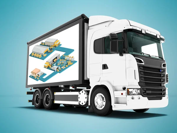 Modern white truck for goods transport 3d rendering on blue background with shadow