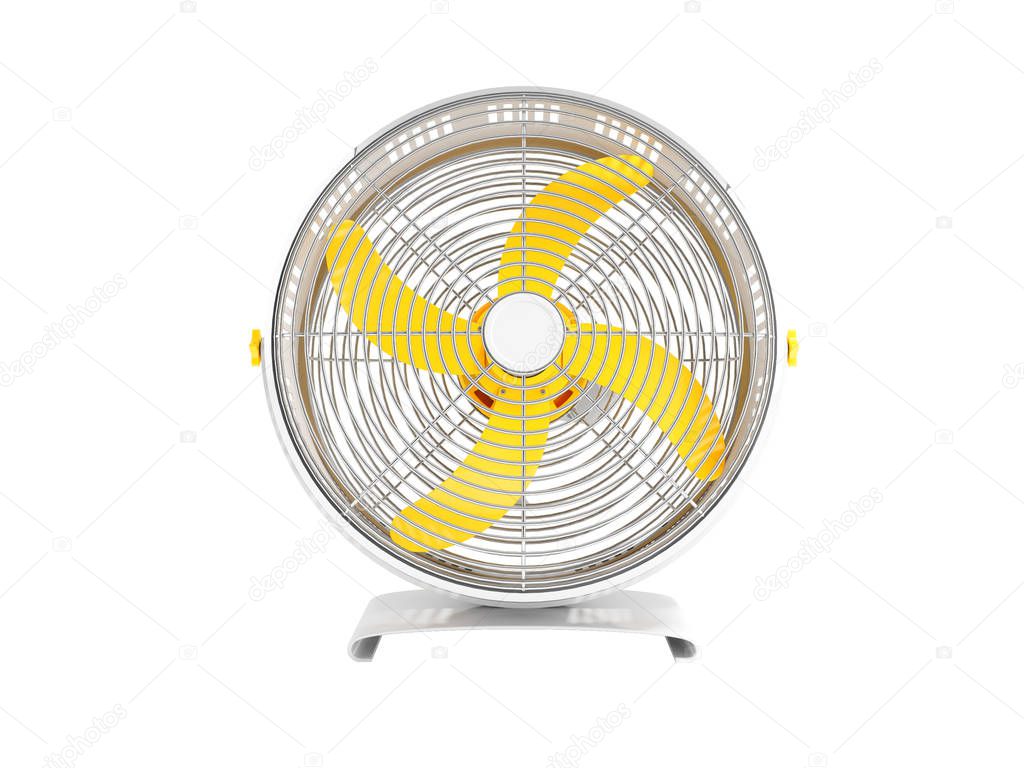 Modern metal yellow fan for cooling large rooms Front view 3d render on white background no shadow