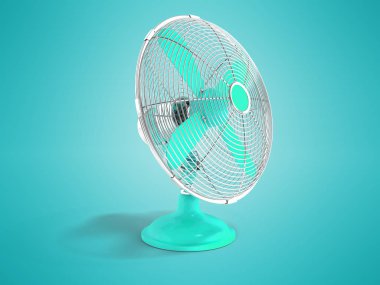Office önden görünüm 3d render gölge ile mavi arka plan üzerinde soğutma için Modern mavi metal fan