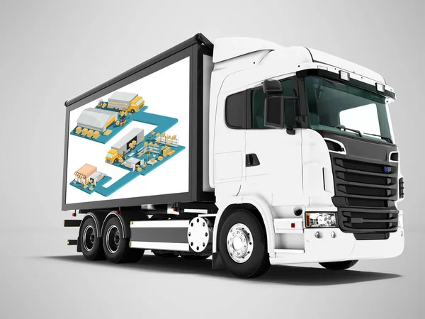 Modern white truck for goods transport 3d rendering on gray background with shadow