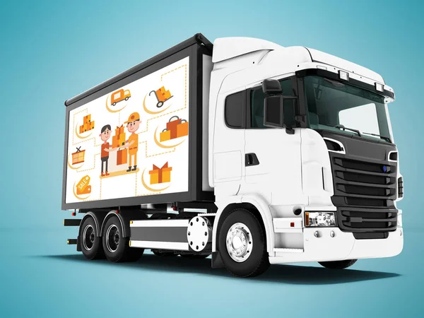 Modern white truck for transporting goods from the shop to the buyer 3d render on blue background with shadow