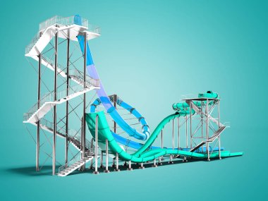 Küçük turkuaz slaytta su eğlence yaz 3d render, park ve plaj için gölge ile mavi arka plan ve mavi büyük slayt