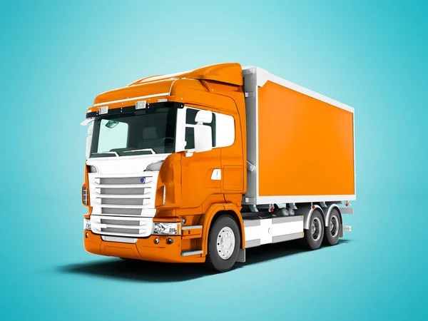 现代橙色卡车与橙色拖车与白色插入物运输物品3D 渲染在蓝色背景与阴影 — 图库照片