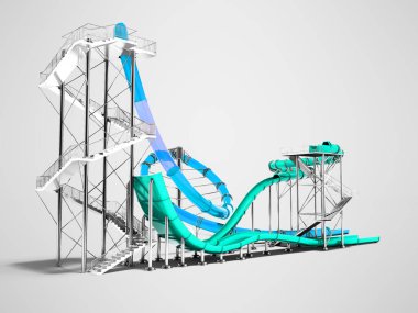 Mavi büyük slayt ve küçük turkuaz su eğlence yaz 3d render, park ve plaj için gölgeli gri arka plan üzerinde slayt