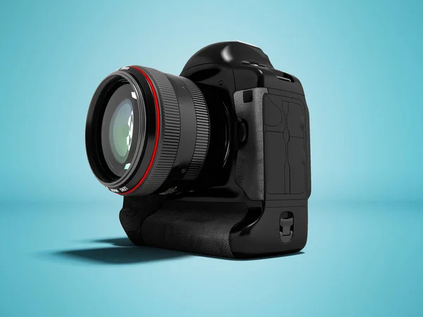 Modern black camera with red insert for professional shooting 3D render on blue background with shadow