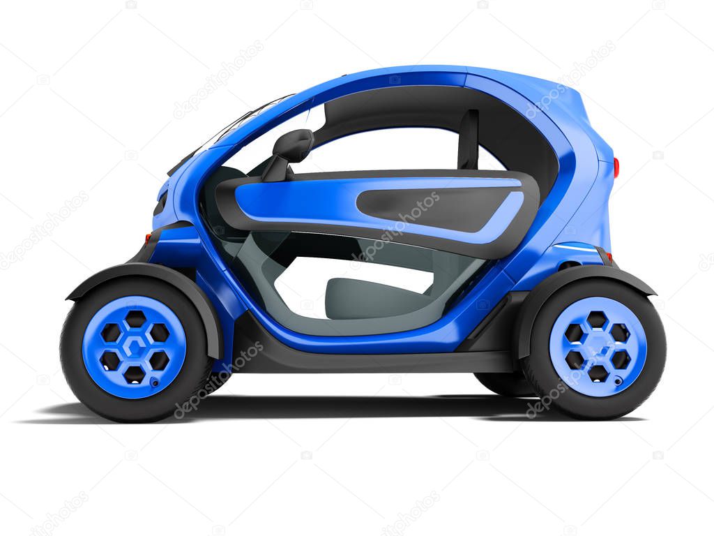Modern dark blue electric car for city trips to two seats 3d rendering on white background with shadow