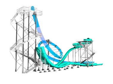 3d render beyaz arka plan gölge yok yaz aylarında su park ve plaj eğlence için küçük turkuaz ve mavi büyük slayt slayt