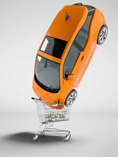 Moderner Verkauf Eines Orangefarbenen Elektroautos Einkaufswagen Über Geldbündel Rendering Auf — Stockfoto