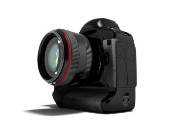 Profesyonel 3d çekim için kırmızı eklemek ile modern siyah kamera render gölge beyaz zemin üzerine