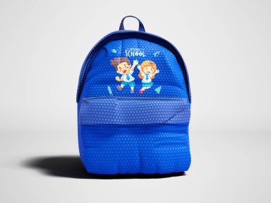 Modern mavi sırt çantası genç resmi olan çocuklar için okulda okul 3d render üzerinden gölge ile gri arka plan üzerinde