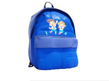 Modern mavi sırt çantası içinde genç resmi olan çocuklar için okul okul görünümünde doğru 3d kaynaklı render beyaz zemin üzerine gölge yok