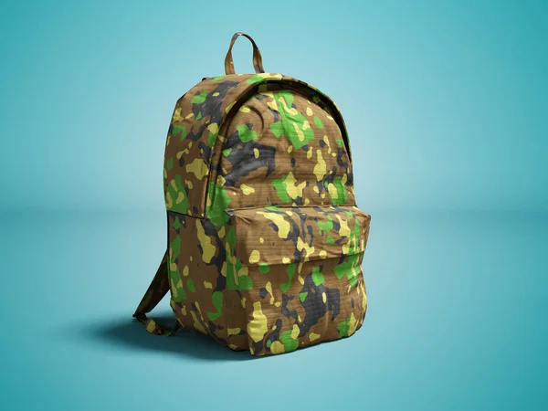 Modern military backpack in school for boy and teenager with green brown color 3d render on blue background with shadow