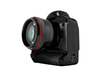 Profesyonel 3d çekim için kırmızı eklemek ile modern siyah kamera render beyaz zemin üzerine gölge yok