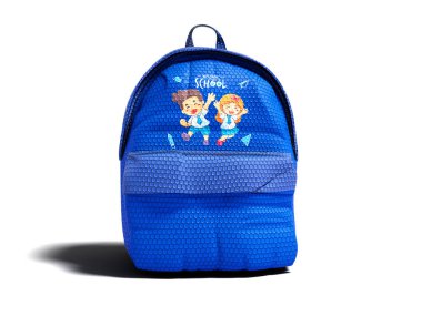 Modern mavi sırt çantası genç resmi olan çocuklar için okulda okul 3d render üzerinden gölge beyaz zemin üzerine